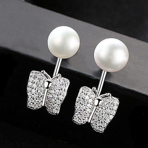Brand Butterfly 925 Sterling Silver Stud Earrings with Natural Pearl Fine Jewelry Women Earring Silver Factory Wholesale