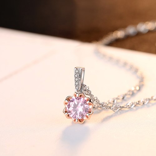 Brand Jewelry Luxury Rose Gold Flower Small Pendant with Pink Zircon Stone Women Birthd Gift Necklace Bijouterie