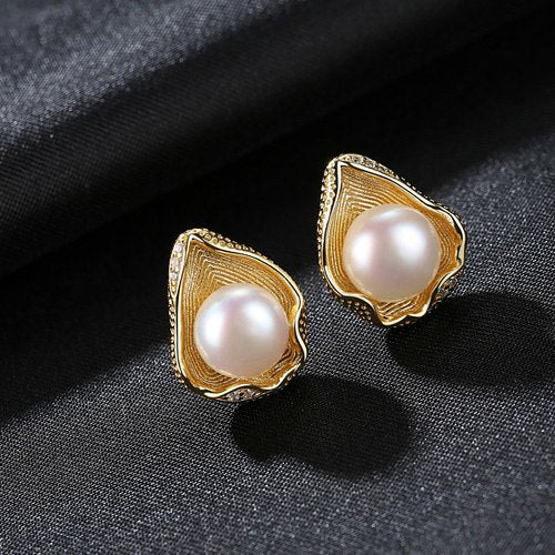Charm 18k Gold Color Shell Design Real Sterling Silver 925 Pearl Fashion Stud Earrings for Women