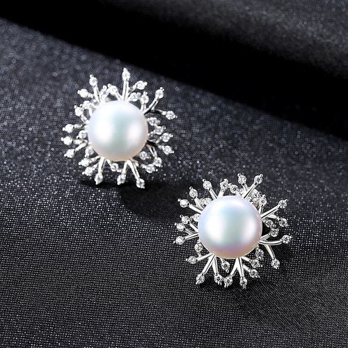Classic Clear Zircon Snowflake 925 Sterling Silver Stud Earrings White Natural Pearl Brincos for Women Girl Party Gift
