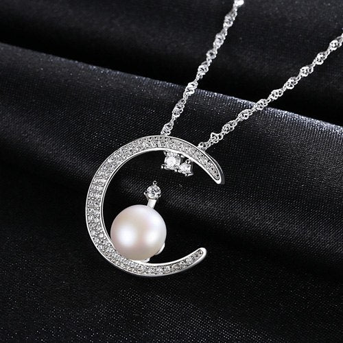 Fashion Brand Genuine 925 Sterling Silver Crescent Moon Shimmering zircon Pendant Necklaces for Women Fine Jewelry Gift