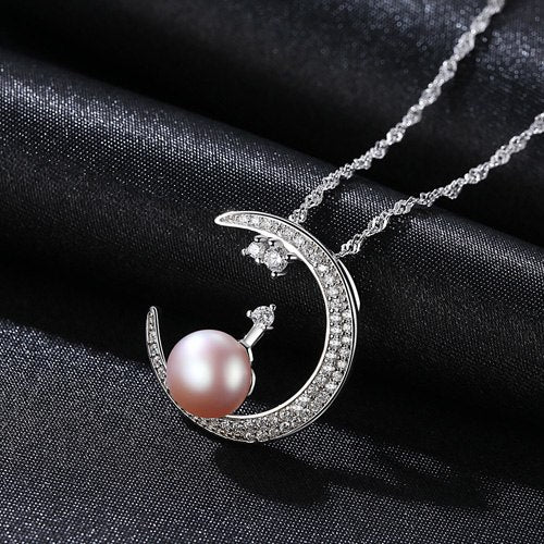 Fashion Brand Genuine 925 Sterling Silver Crescent Moon Shimmering zircon Pendant Necklaces for Women Fine Jewelry Gift