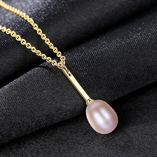 Natural Pearl Gold Color Long Thin Pendant Necklace With 925 Sterling Silver Chain Fine Jewelry for Girl Elegant party