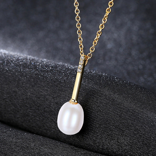 Natural Pearl Gold Color Long Thin Pendant Necklace With 925 Sterling Silver Chain Fine Jewelry for Girl Elegant party