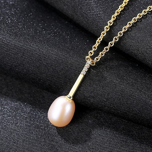 Natural Pearl Gold Color Long Thin Pendant Necklace With 925 Sterling Silver Chain Fine Jewelry for Girl Elegant party