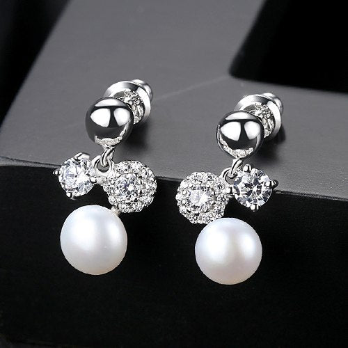 Popular Korean Style Natural Pearl Bling CZ Crystal Geometric Shape Sterling Silver Stud Earrings For Women Fine Jewelry