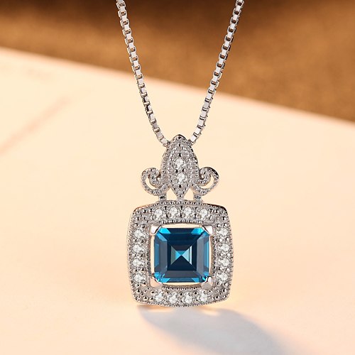 Square Bule Topaz Created 925 Sterling Silver Pendant Necklace Fashion Necklace for Women Egagement Fine Jewelry