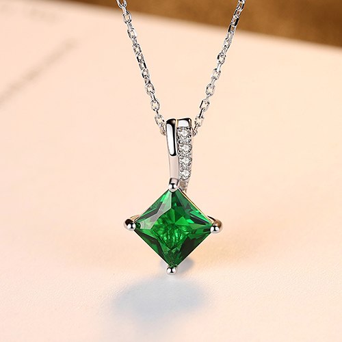 Vintage 925 Sterling Silver Chain Necklace Green Crystal CZ Women Charm Pendant Necklace Silver Jewelry Wholesale Gift