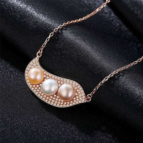 White+Pink+Purple Mix Color Pearl Jewelry S925 Silver Chain Necklace Women Rose Gold Color Gift