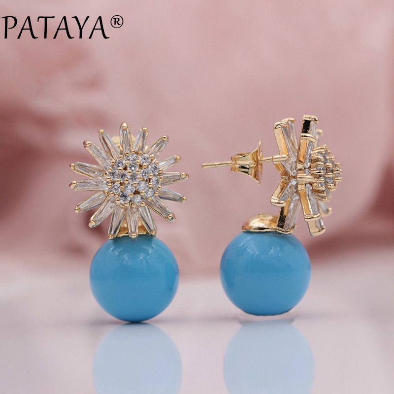 New 585 Rose Gold Two-color Metal Snowball Shell Pearl Stud Earrings Micro-wax Inl Natural Zircon Women Wedding Jewelry