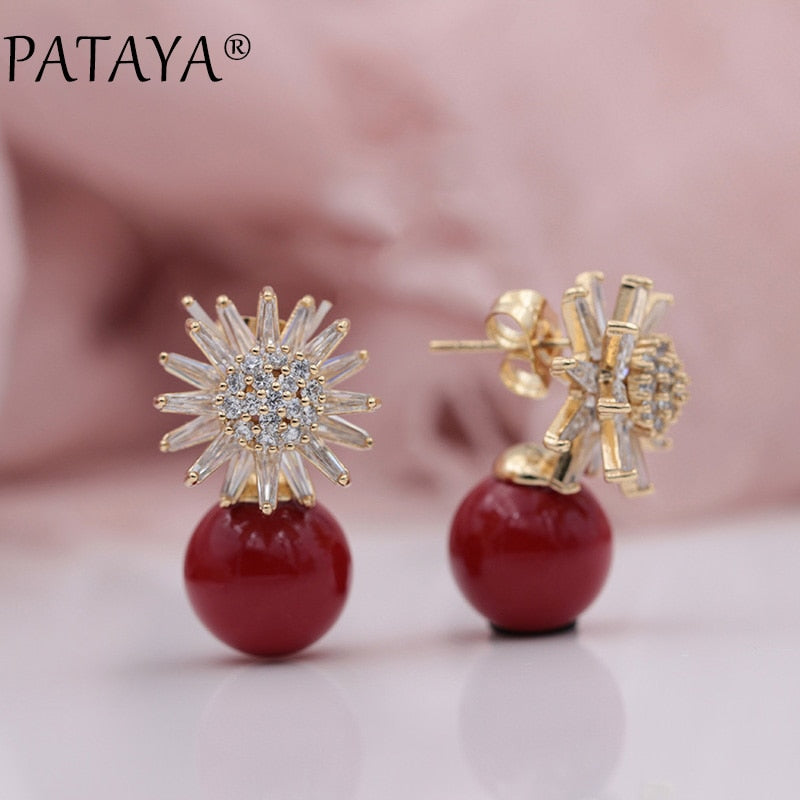 New 585 Rose Gold Two-color Metal Snowball Shell Pearl Stud Earrings Micro-wax Inl Natural Zircon Women Wedding Jewelry