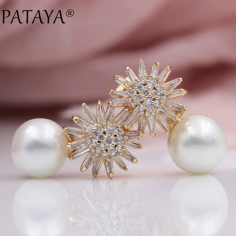 New 585 Rose Gold Two-color Metal Snowball Shell Pearl Stud Earrings Micro-wax Inl Natural Zircon Women Wedding Jewelry