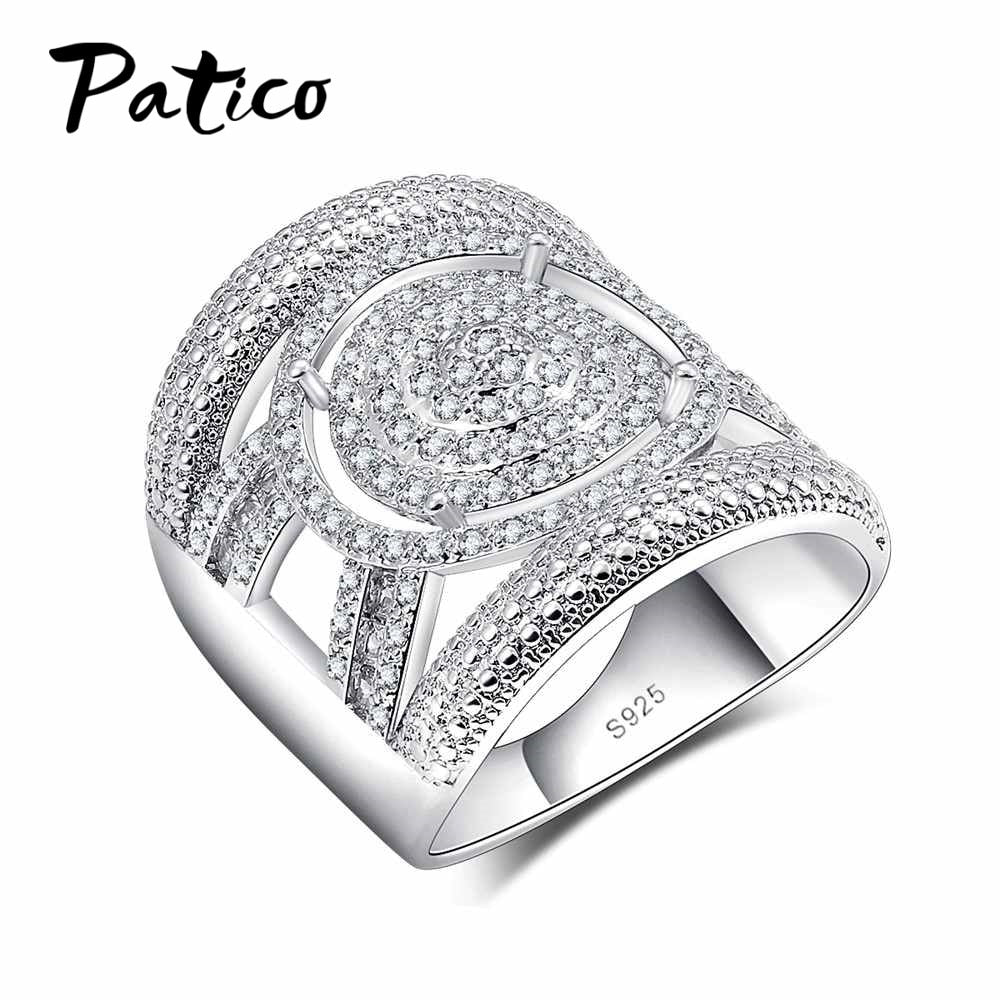 925 Sterling Silver CZ Crystal Wide Wedding Ring For Women&Men Jewelry Bague Bijoux Clear Zirconia Femme Ring Accessories