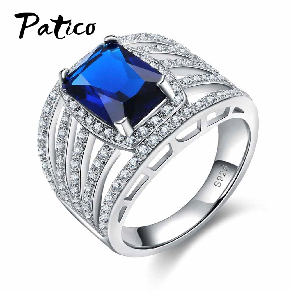 Brand Wedding Ring Set Solid 925 Sterling Silver Blue Square Zircon CZ Engagement Rings For Women Vintage Jewelry Bijoux
