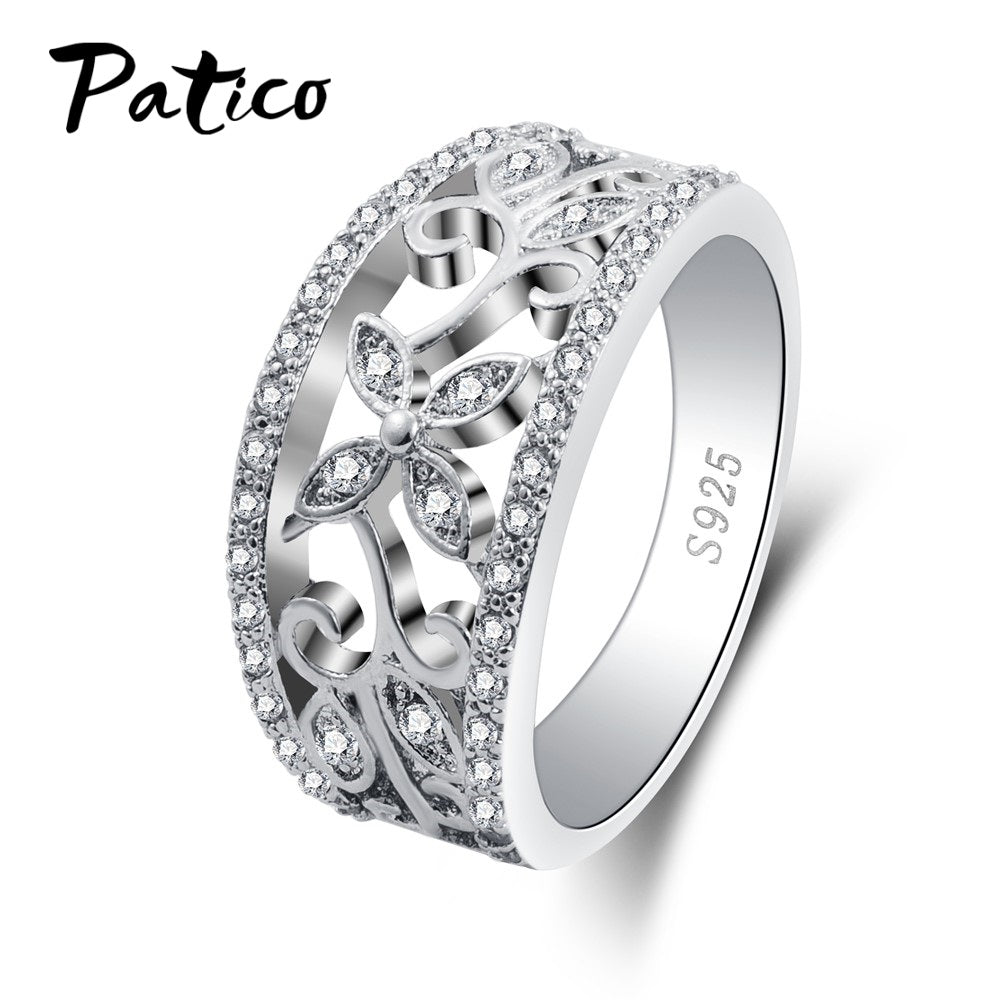 Elegant Vintage Flower Hollow Design Cubic Zirconia 925 Sterling Silver Rings For Female Wholesale Price Birthd Gifts