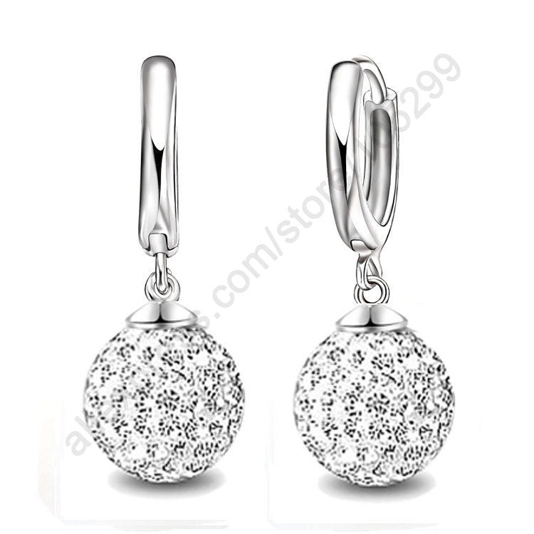 Hot Sale Multi Colors 1 Pair Real Pure 925 Sterling Silver Austrian Pave Disco Ball Hoop Lever back Earring Woman Jewelry