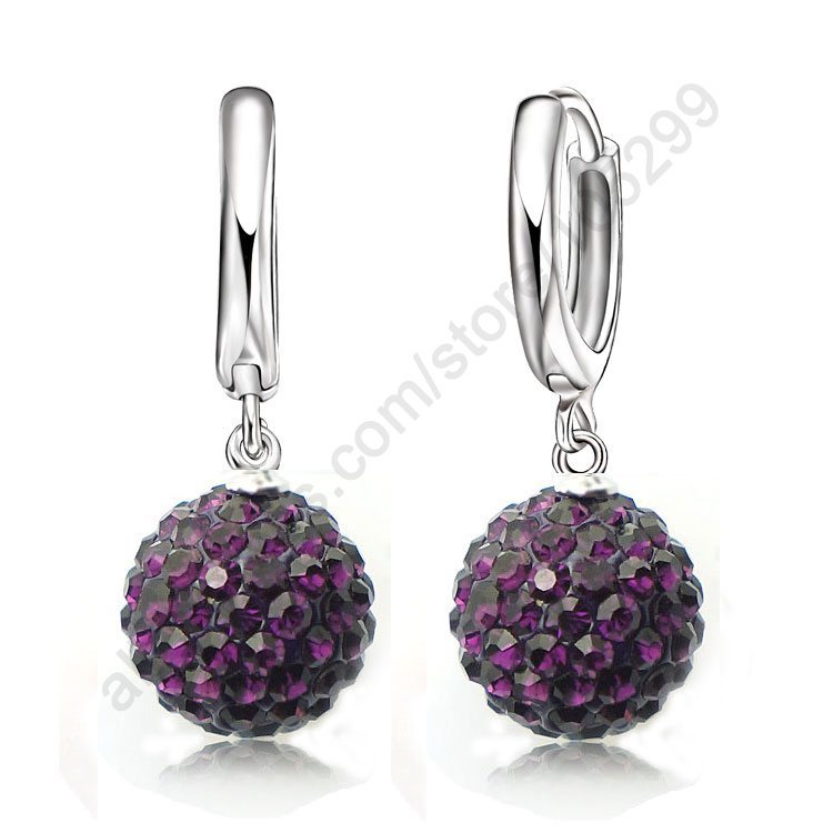 Hot Sale Multi Colors 1 Pair Real Pure 925 Sterling Silver Austrian Pave Disco Ball Hoop Lever back Earring Woman Jewelry