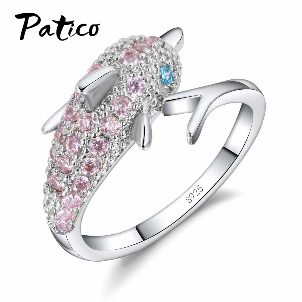 Luxury 925 Sterling Silver Ring for Women Girl Gift Pink Cubic Zircon Blue Eyes Dolphin Austrian Crystal Party Bague