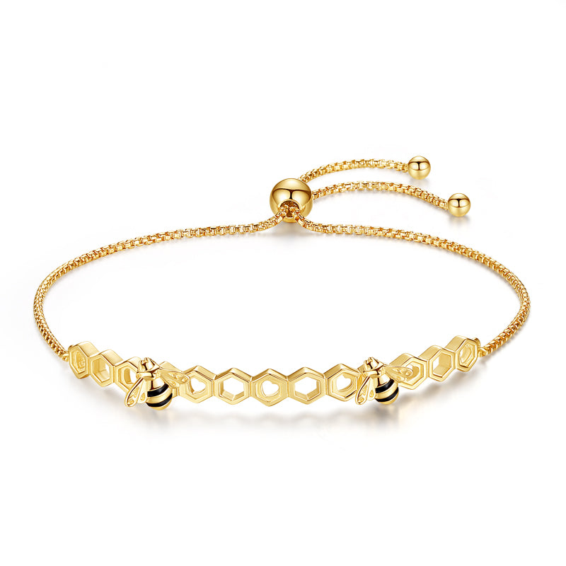 PDB2 Honey Bee 925 Sterling Silver Bracelets Colorful Heart Luxury Love Honey Comb Golden Bee Jewelry For Men Women Bracelet