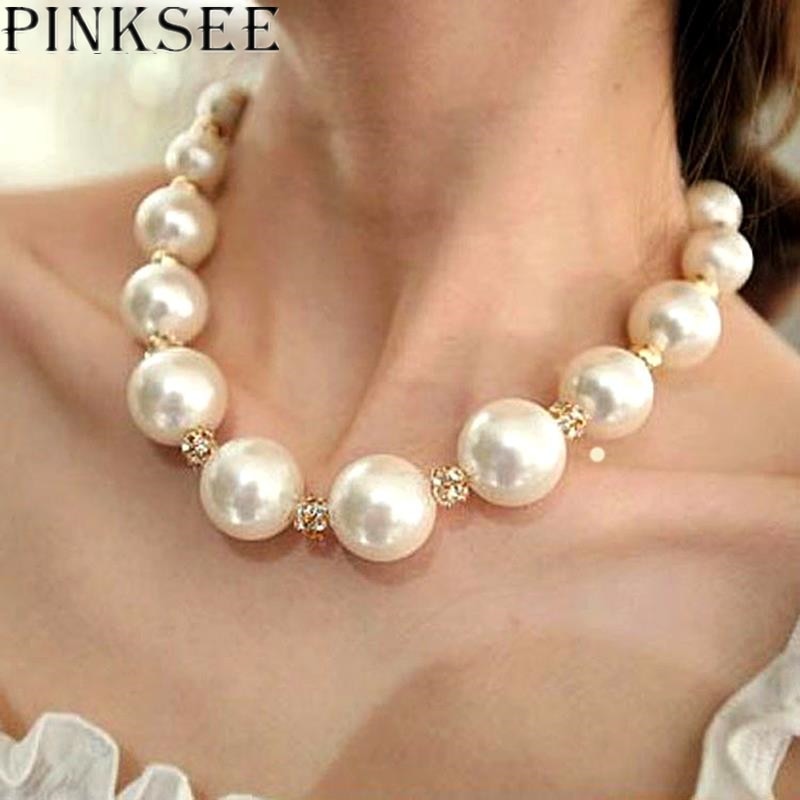 PINKSEE New Fashion Big White Simulated Large Pearl Beads Necklace Chain Statement Necklaces For Women Charm Jewelry