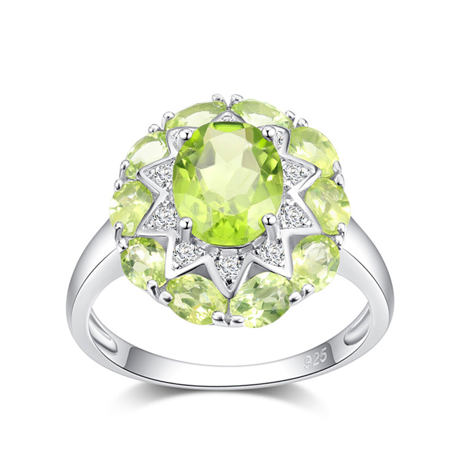 Natural Gemstone 3.25cts Oval Manchurian Peridot With 0.17cts Round White Topaz 925 Sterling Silver Ring