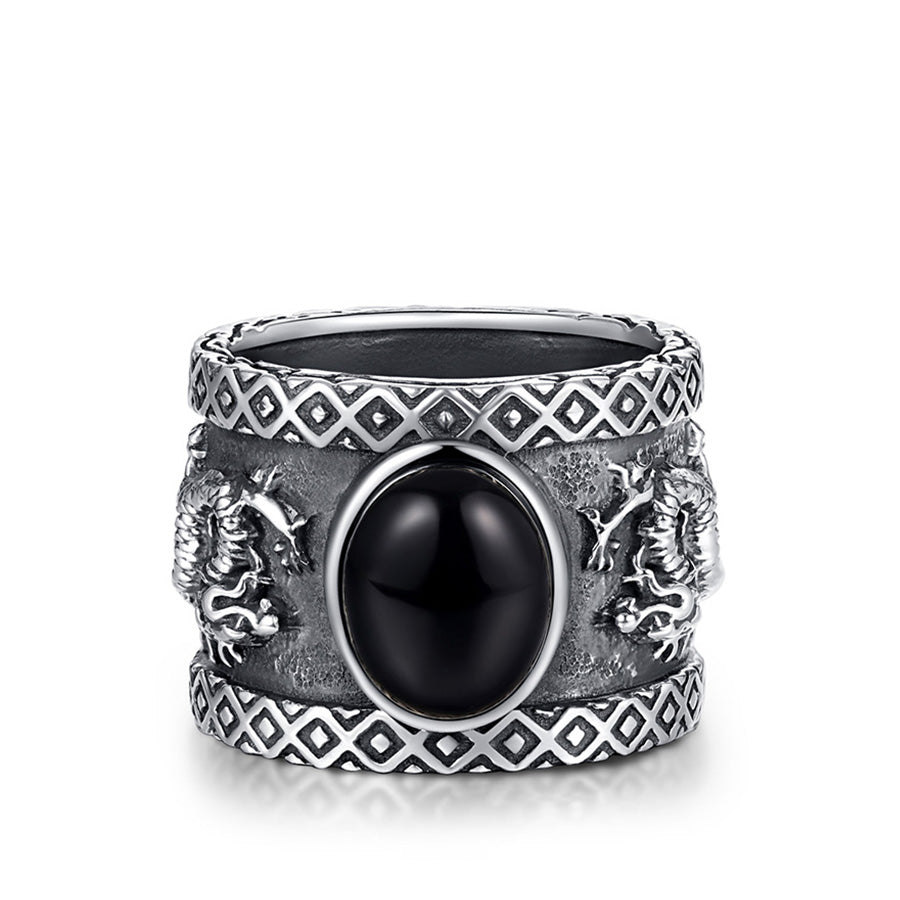 Natural Gemstone 7.6*9.6mm 2.6cts Oval Black Agate 925 Sterling Silver Dragon Totem Men's Ring