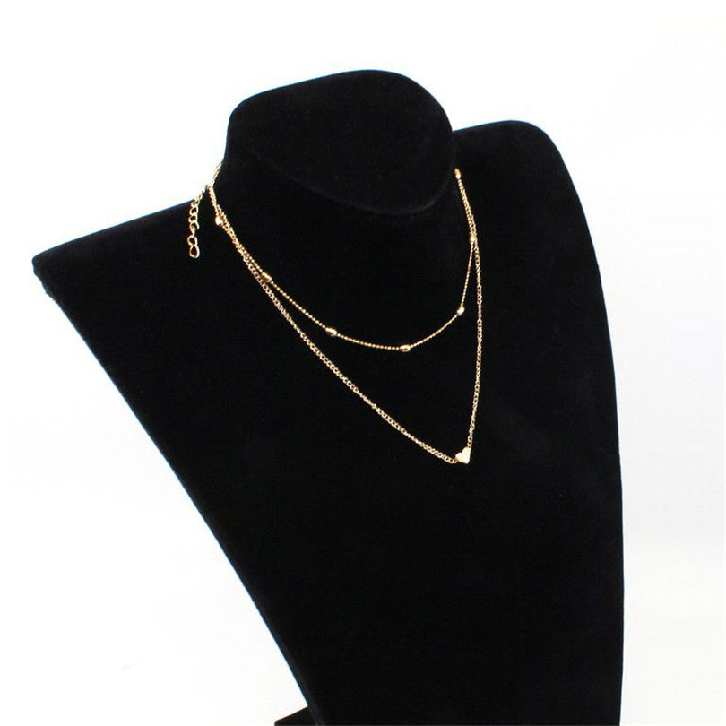 Charm Silver&Gold Metal Chain Love Heart Double Layer Pendant Necklace Vintage Alloy Beads Simple Necklaces Jewelery
