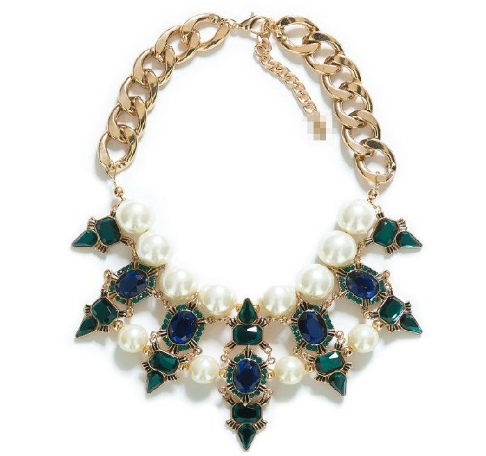 PPG&PGG Luxury Brand Chain Chunky Imitation Pearl Green Crystal Statement Necklace Women Fashion Jewelry