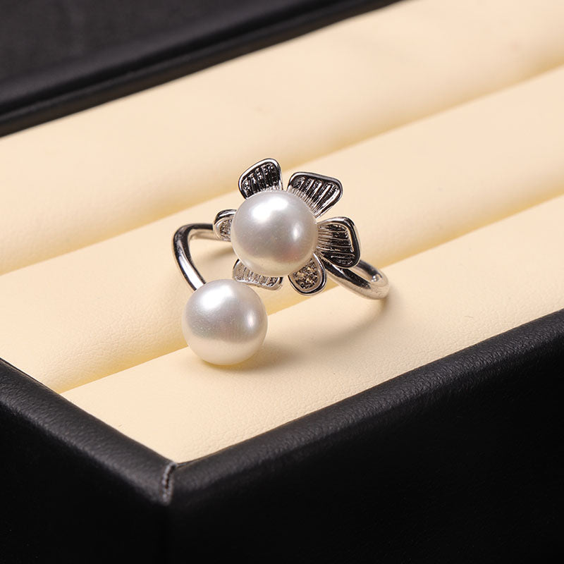 PUNK Bohemia Pearl Ring Flower Double Pearl Ring Trendy Natural Pearl Adjustable Charms Women's Flower Jewelry Wedding Gift