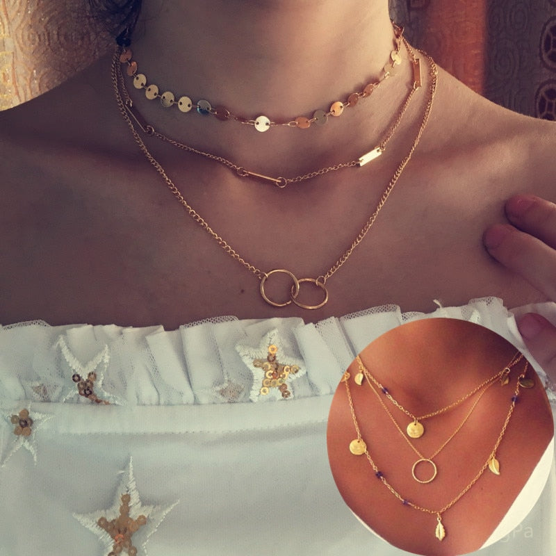 Silver Color Chain Leaves Multi Layer Choker Necklace for Women Collier Femme Fashion Jewelry Gold Color