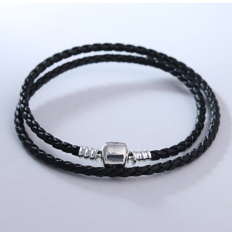 Black Leather Bracelets Classic Silver Clasp Women DIY Jewelry Fashion Brand Logo Rope Bracelets for Charms Making