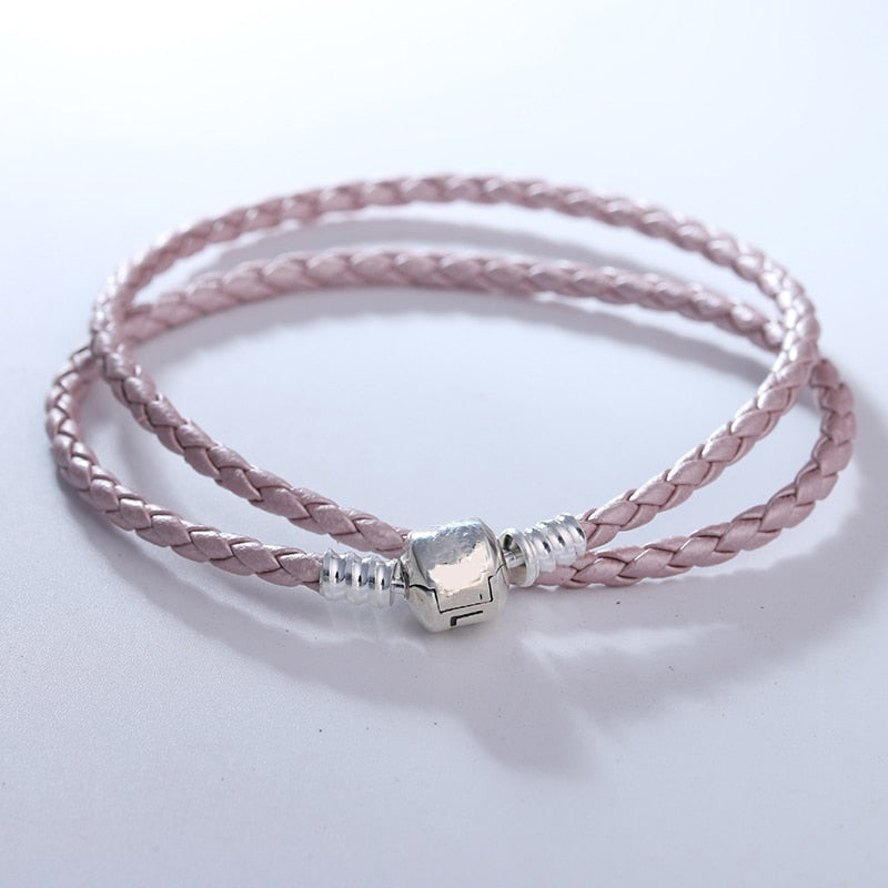 Brand Logo Silver Clasp Pearl Pink Leather Bracelets for Women Fashion DIY Jewelry Accessory Rope Chain Charm Bracelet