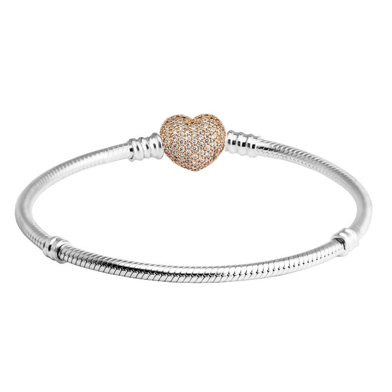 Silver Bangle Bracelet Rose Gold Pave Heart Clasp Sterling Silver Bracelet for woman DIY Fit European beads & Charms