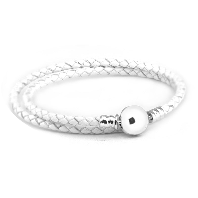 White Leather Bracelets Silver Round Clasp Fashion Silver 925 Jewelry for Women DIY Chain Bracelets Accessories Gifts