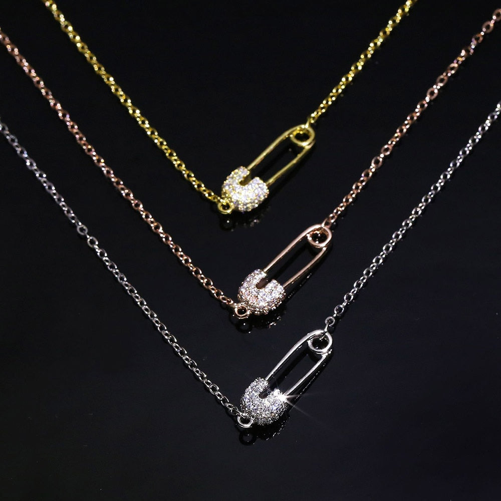 Paper Clip Shaped Pendant Necklace For Women Unique Hollow Out Zircon Pin 3 Color Collarbone Chain Gift Jewelry KBN260