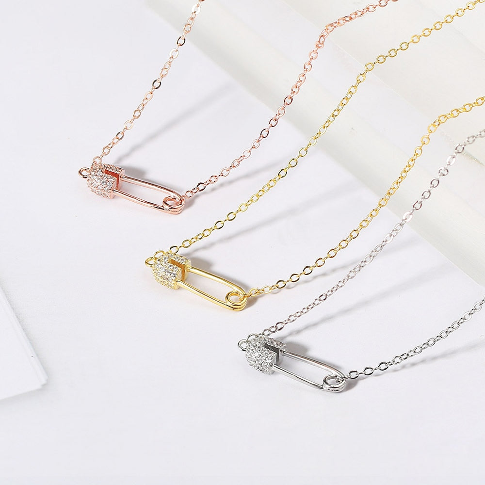 Paper Clip Shaped Pendant Necklace For Women Unique Hollow Out Zircon Pin 3 Color Collarbone Chain Gift Jewelry KBN260