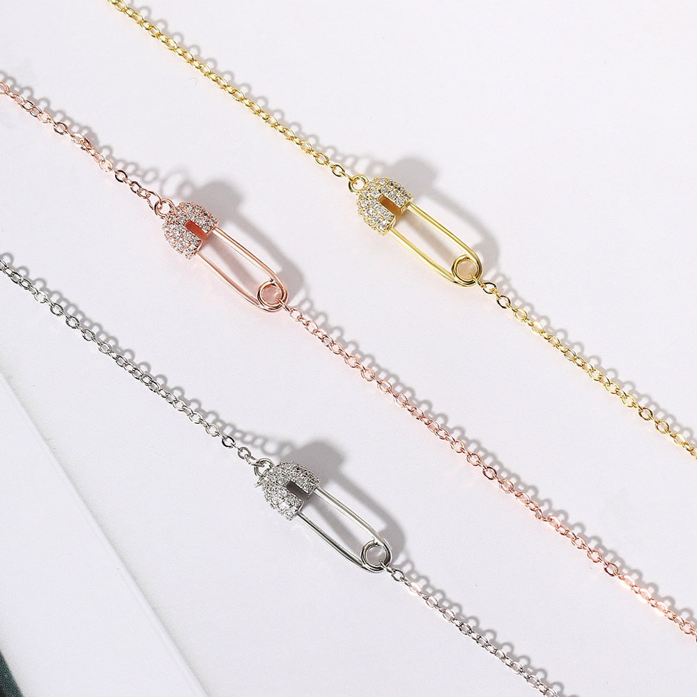 Paper Clip Shaped Pendant Necklace For Women Unique Hollow Out Zircon Pin 3 Color Collarbone Chain Gift Jewelry KBN260