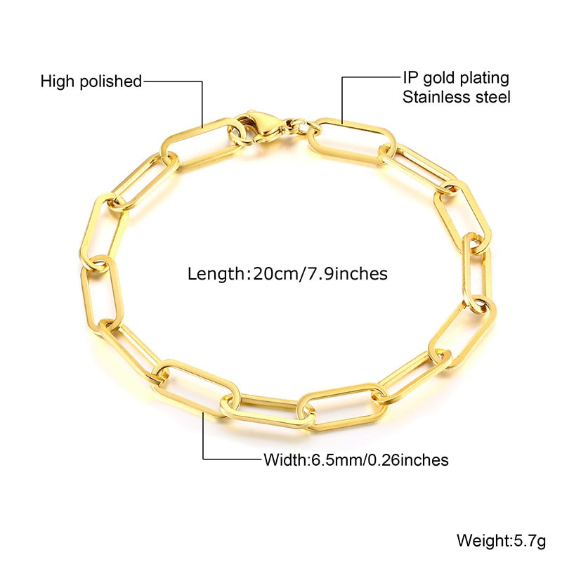 Paperclip Chain Bracelet Gold Color Stainless Steel Rectangle Link Cable Dainty Women Girls Layering Jewelry