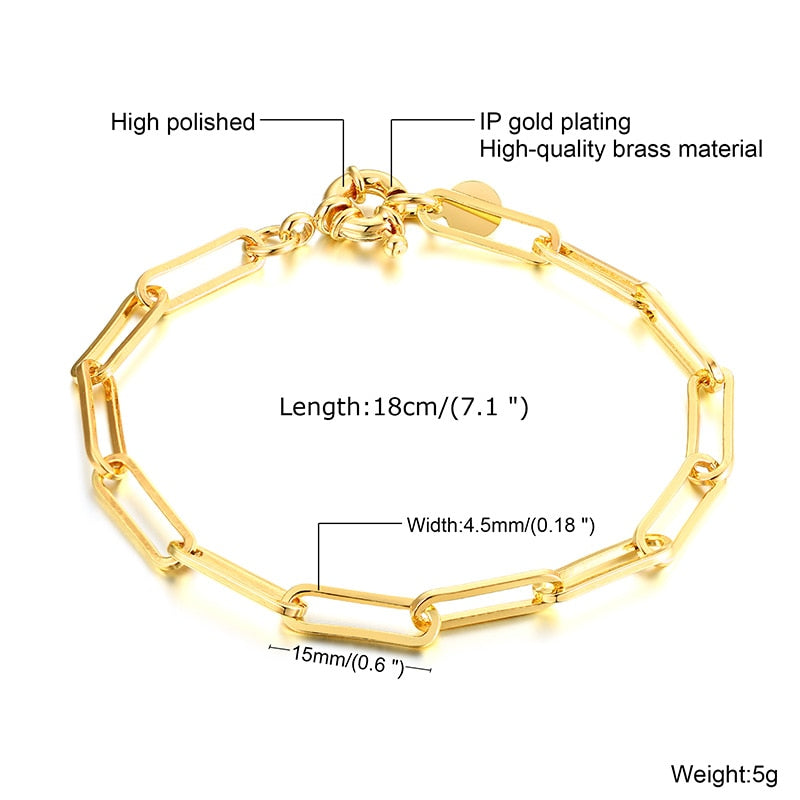 Paperclip Chain Bracelet Gold Color Stainless Steel Rectangle Link Cable Dainty Women Girls Layering Jewelry