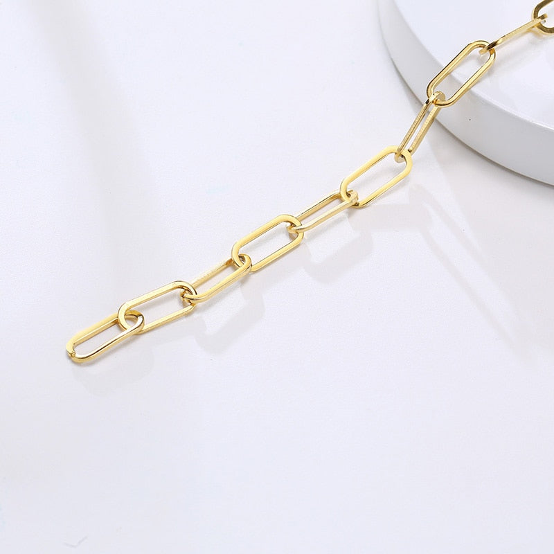 Paperclip Chain Bracelet Gold Color Stainless Steel Rectangle Link Cable Dainty Women Girls Layering Jewelry