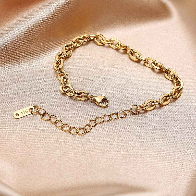 Paperclip Chain Bracelet Gold Color Stainless Steel Rectangle Link Cable Dainty Women Girls Layering Jewelry