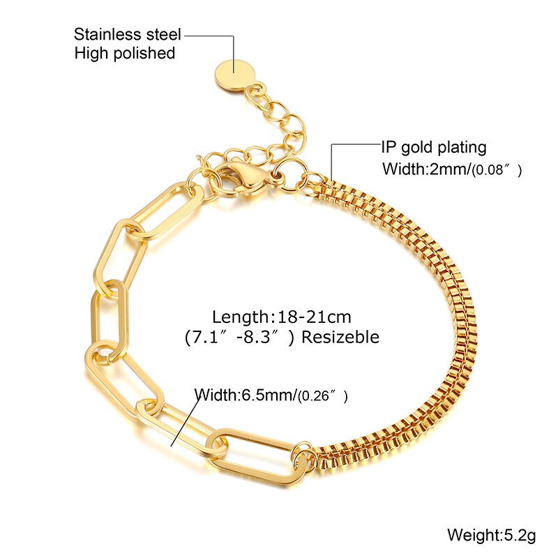 Paperclip Chain Bracelet Gold Color Stainless Steel Rectangle Link Cable Dainty Women Girls Layering Jewelry