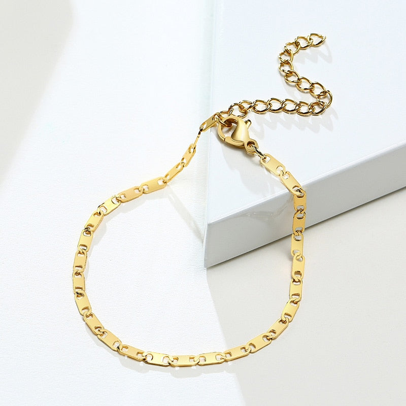 Paperclip Chain Bracelet Gold Color Stainless Steel Rectangle Link Cable Dainty Women Girls Layering Jewelry