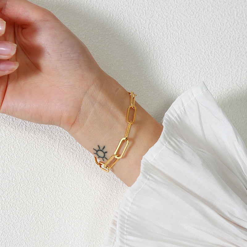 Paperclip Chain Bracelet Gold Color Stainless Steel Rectangle Link Cable Dainty Women Girls Layering Jewelry