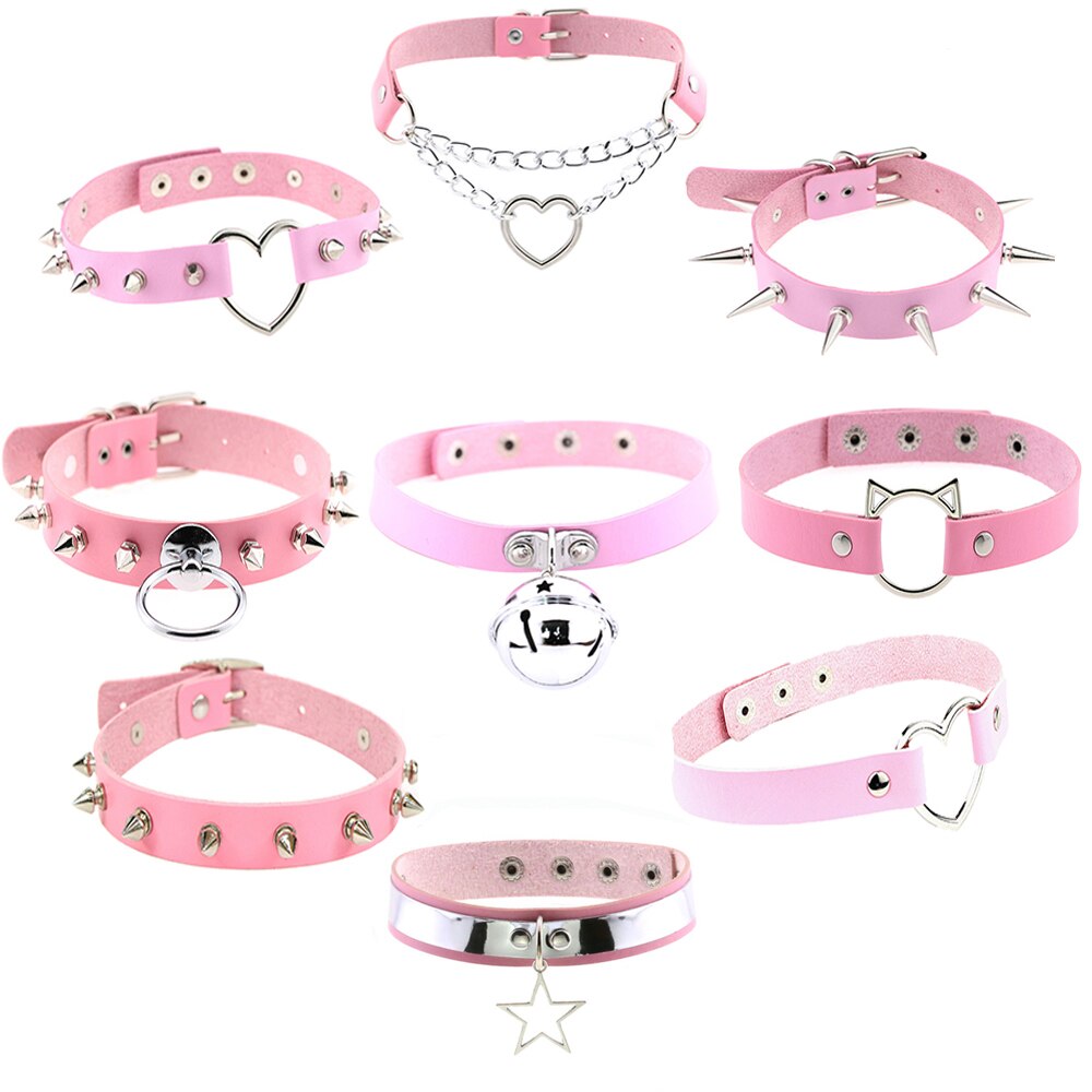 Pastel Goth Pink PU Leather Choker Necklaces Women Heart Pendant Metal Rivet Charm Collar Handmade Neck Strap Punk Rock Jewelry