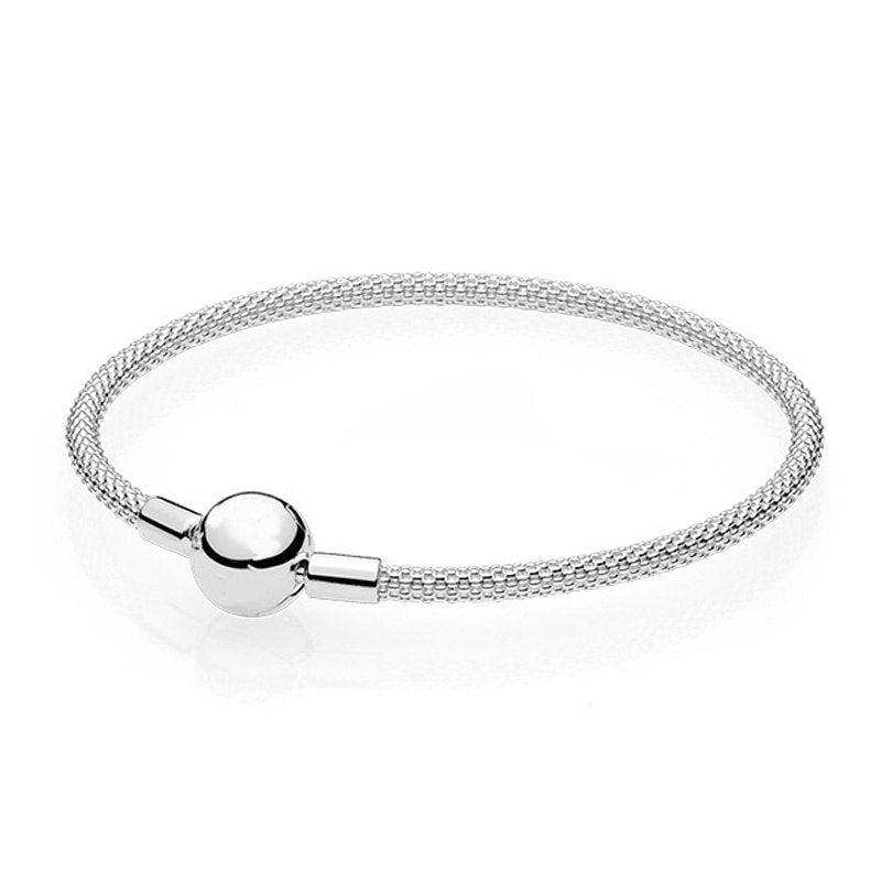 Pave Barrel Love Heart Clasp Bangle MOMENTS Mesh Bangle Fit Pandora Snake Chain Bracelet 925 Sterling Silver Bead Charm Jewelry