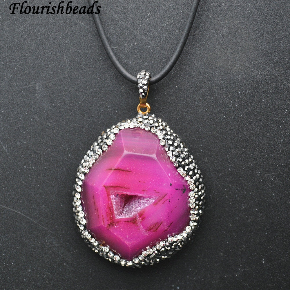 Paved Black Crystal Beads Geode Drusy Agate Stone Pendant Leather Cord Chains Necklace Fashion Jewelry