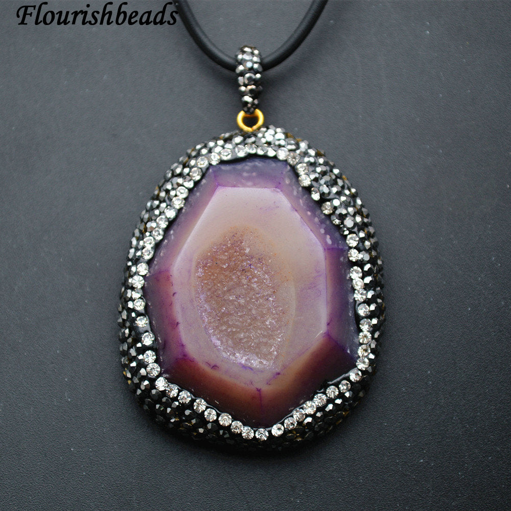 Paved Black Crystal Beads Geode Drusy Agate Stone Pendant Leather Cord Chains Necklace Fashion Jewelry