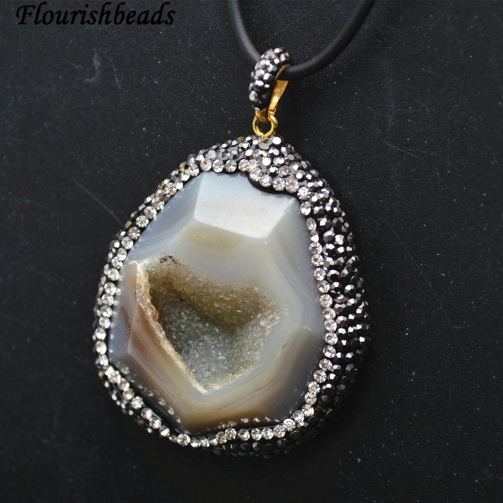 Paved Black Crystal Beads Geode Drusy Agate Stone Pendant Leather Cord Chains Necklace Fashion Jewelry