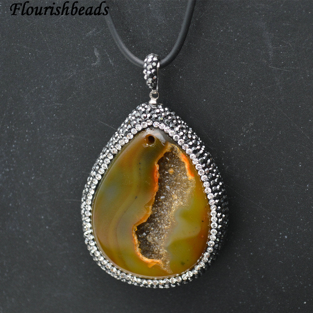 Paved Black Crystal Beads Geode Drusy Agate Stone Pendant Leather Cord Chains Necklace Fashion Jewelry